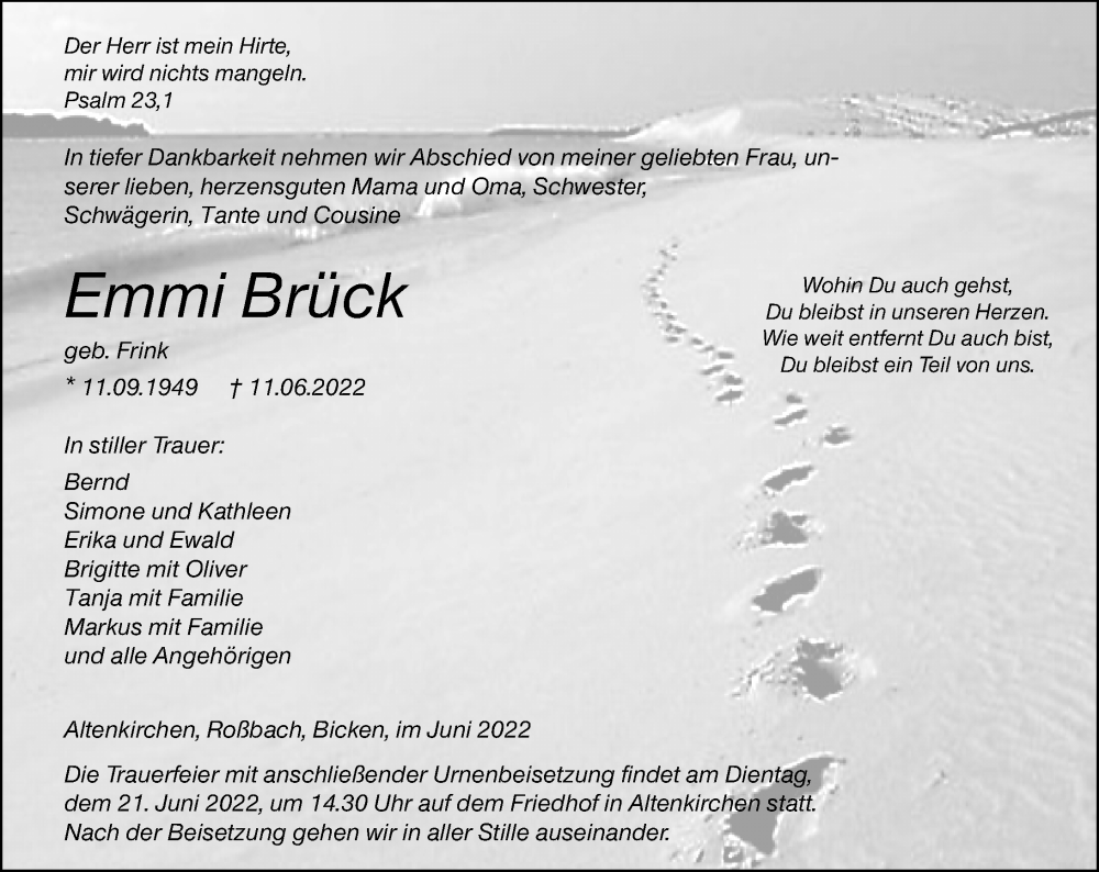  Traueranzeige für Emmi Brück vom 18.06.2022 aus Hinterländer Anzeiger