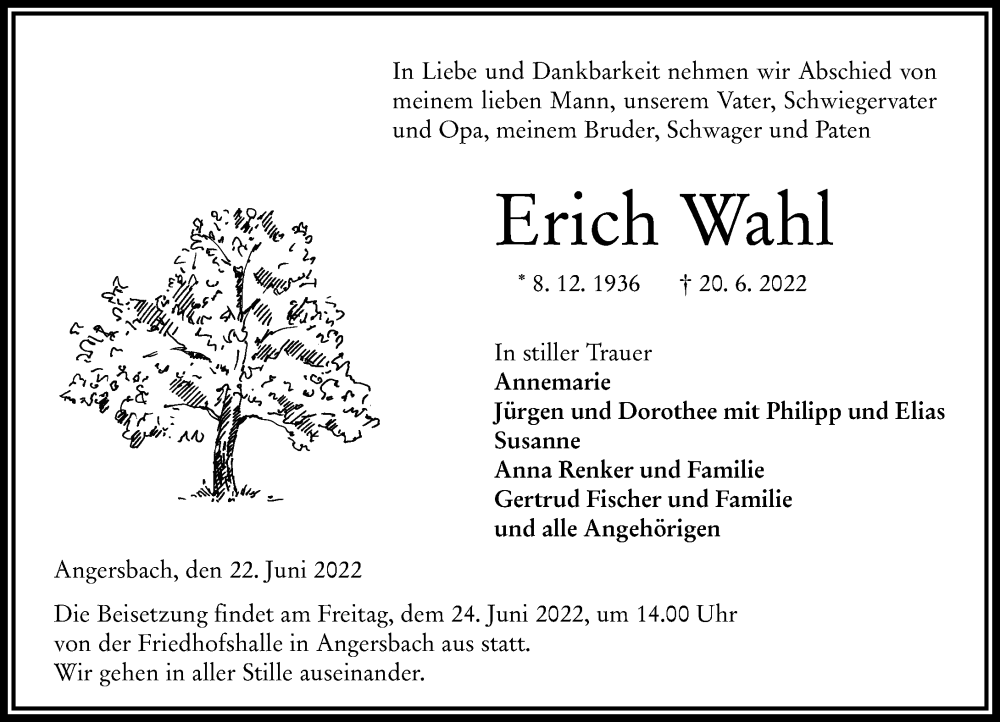  Traueranzeige für Erich Wahl vom 22.06.2022 aus Lauterbacher Anzeiger