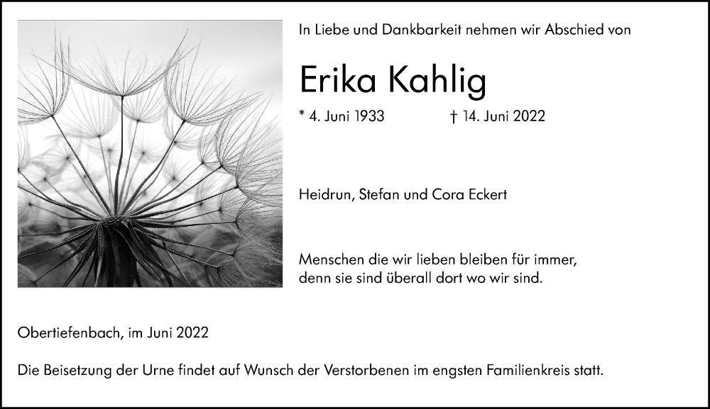  Traueranzeige für Erika Kahlig vom 18.06.2022 aus Weilburger Tageblatt