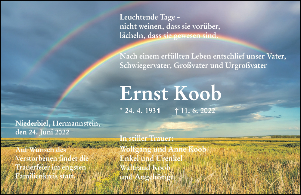  Traueranzeige für Ernst Koob vom 24.06.2022 aus Wetzlarer Neue Zeitung