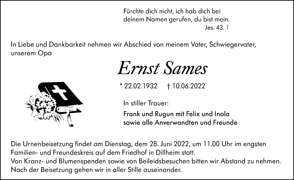  Traueranzeige für Ernst Sames vom 18.06.2022 aus Wetzlarer Neue Zeitung