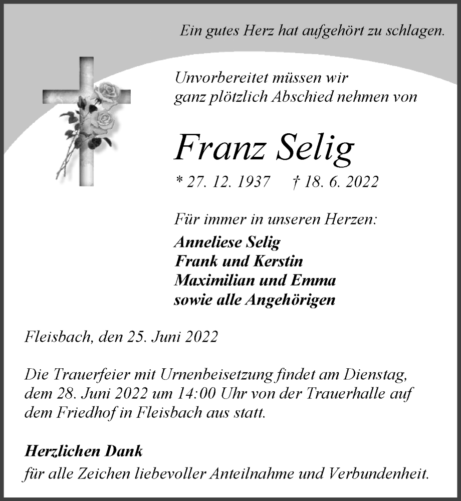 Traueranzeige für Franz Selig vom 25.06.2022 aus Dill Block