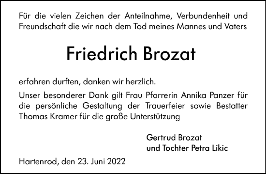 Traueranzeige von Friedrich Brozat von Hinterländer Anzeiger