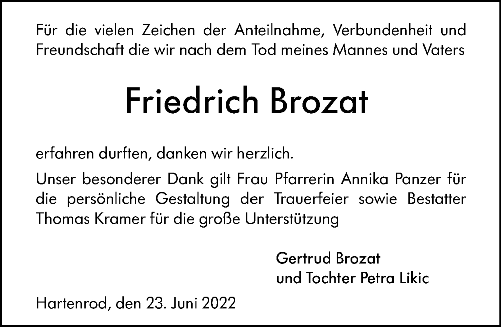  Traueranzeige für Friedrich Brozat vom 23.06.2022 aus Hinterländer Anzeiger