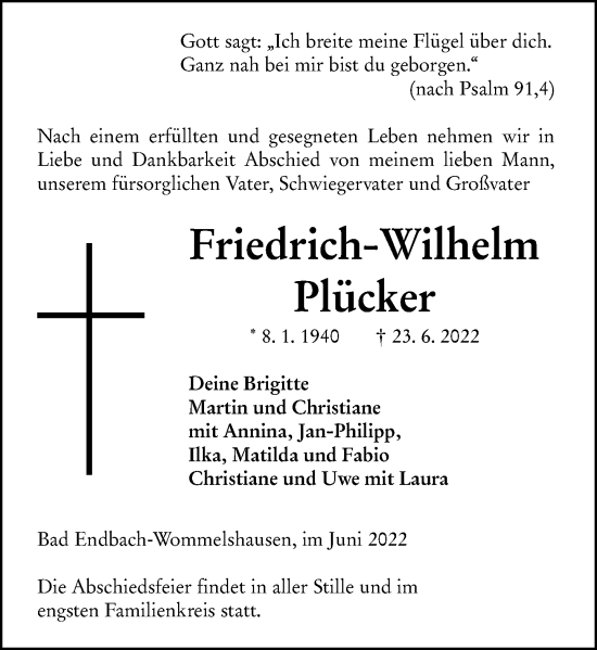 Traueranzeige von Friedrich-Wilhelm Plücker von Hinterländer Anzeiger