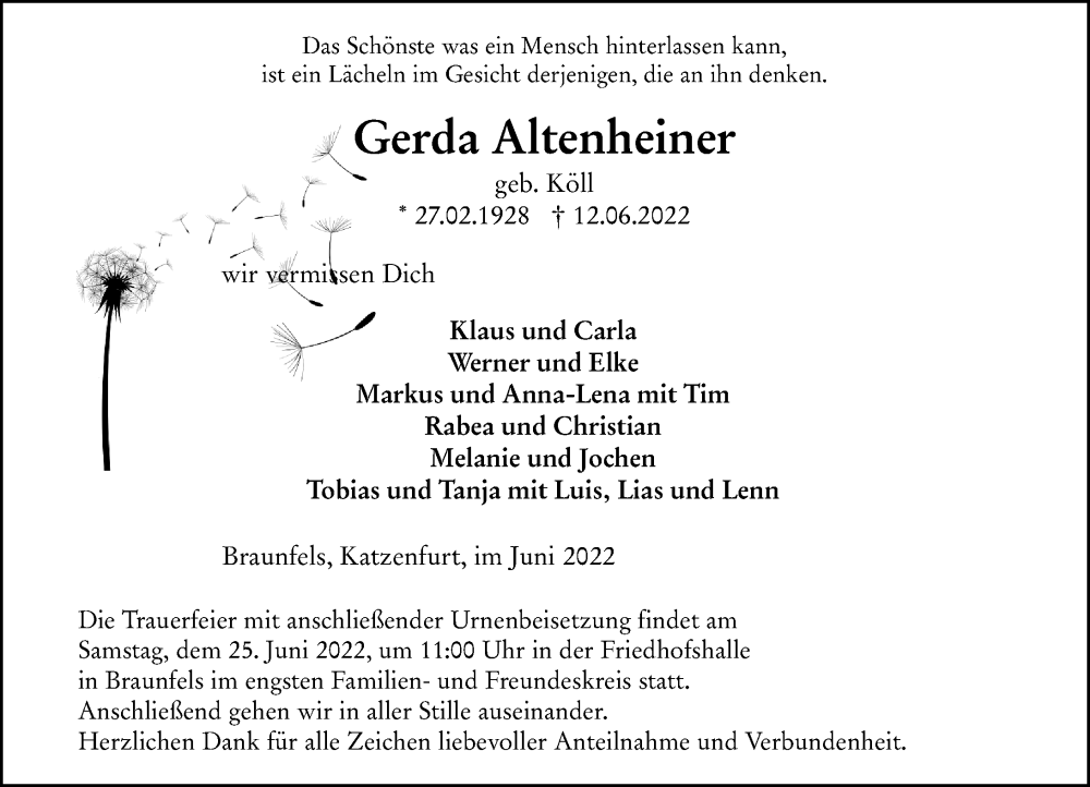  Traueranzeige für Gerda Altenheiner vom 22.06.2022 aus Wetzlarer Neue Zeitung