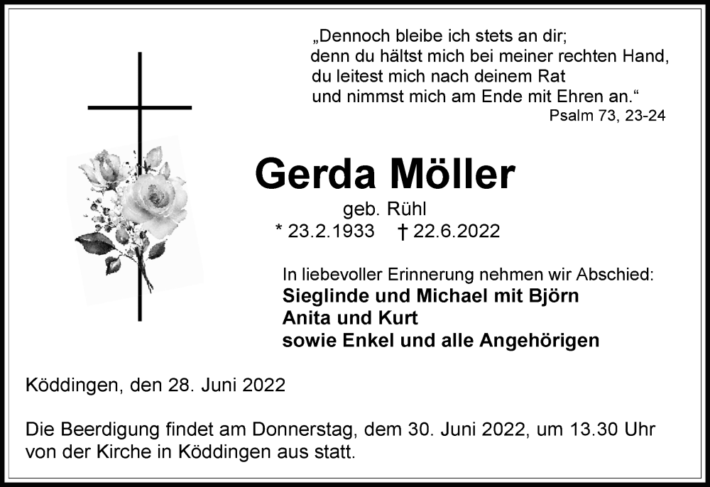  Traueranzeige für Gerda Möller vom 28.06.2022 aus Oberhessische Zeitung