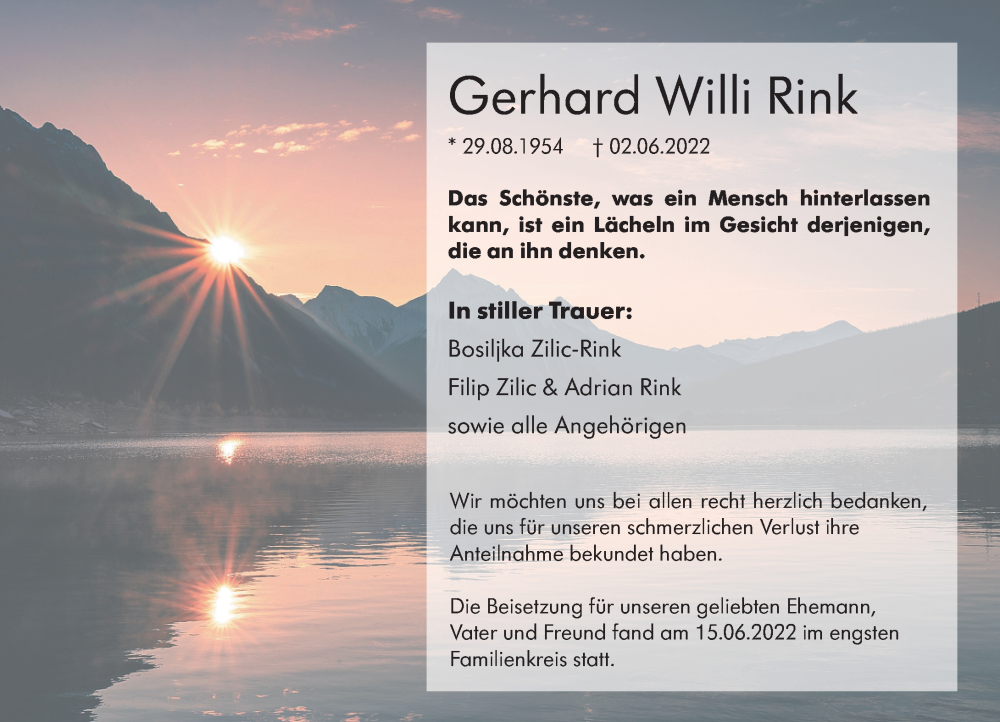  Traueranzeige für Gerhard Willi Rink vom 21.06.2022 aus Hinterländer Anzeiger