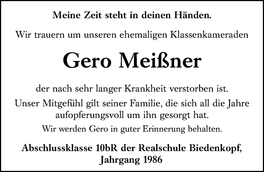  Traueranzeige für Gero Meißner vom 18.06.2022 aus Hinterländer Anzeiger
