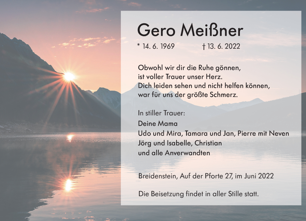  Traueranzeige für Gero Meißner vom 15.06.2022 aus Hinterländer Anzeiger