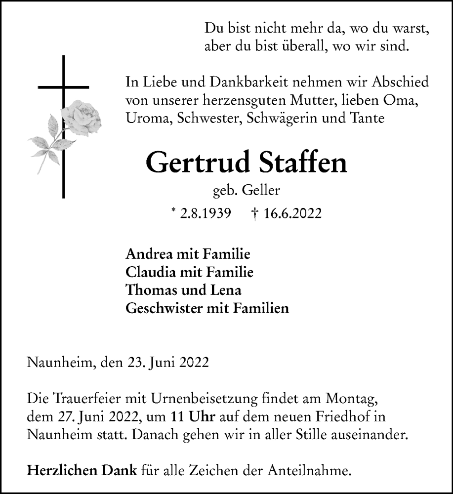  Traueranzeige für Gertrud Staffen vom 23.06.2022 aus Wetzlarer Neue Zeitung