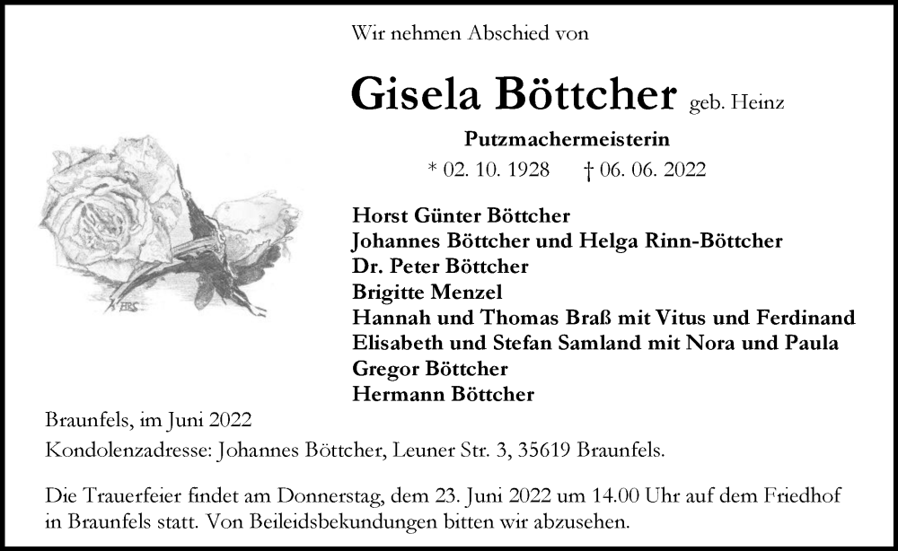  Traueranzeige für Gisela Böttcher vom 18.06.2022 aus Wetzlarer Neue Zeitung
