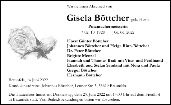 Traueranzeige von Gisela Böttcher von Wetzlarer Neue Zeitung