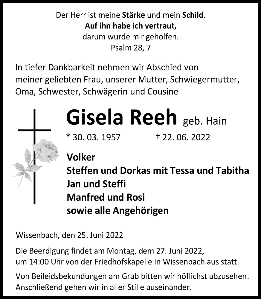  Traueranzeige für Gisela Reeh vom 25.06.2022 aus Dill Block