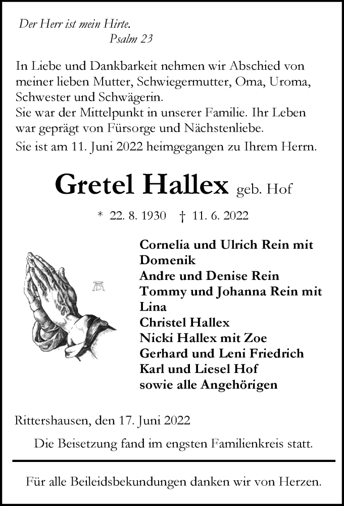  Traueranzeige für Gretel Hallex vom 17.06.2022 aus Dill Block