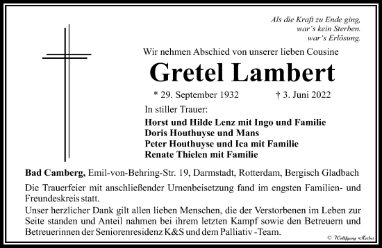 Traueranzeige von Gretel Lambert von Camberger Anzeiger
