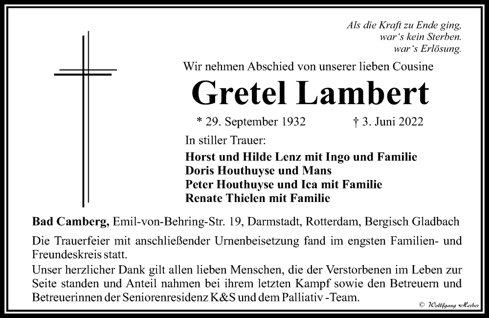  Traueranzeige für Gretel Lambert vom 17.06.2022 aus Camberger Anzeiger