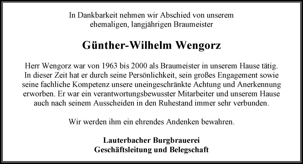  Traueranzeige für Günther-Wilhelm Wengorz vom 01.07.2022 aus Lauterbacher Anzeiger