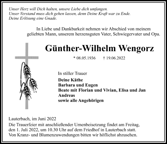 Traueranzeige von Günther-Wilhelm Wengorz von Lauterbacher Anzeiger