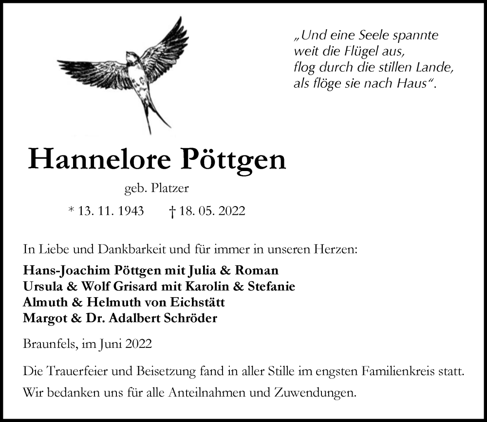 Traueranzeige für Hannelore Pöttgen vom 22.06.2022 aus Wetzlarer Neue Zeitung