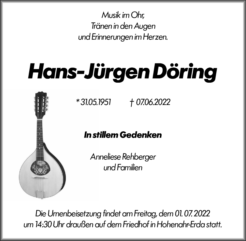  Traueranzeige für Hans-Jürgen Döring vom 25.06.2022 aus Wetzlarer Neue Zeitung