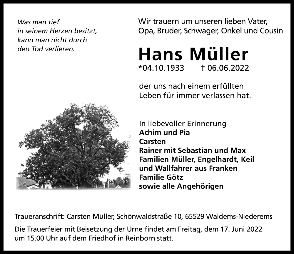  Traueranzeige für Hans Müller vom 17.06.2022 aus Camberger Anzeiger