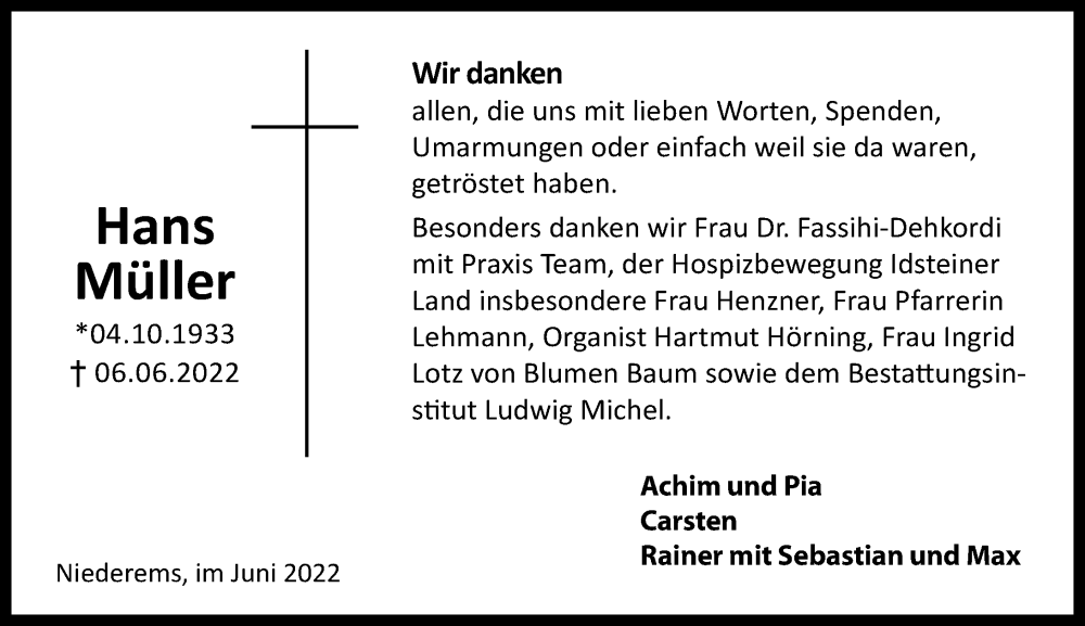  Traueranzeige für Hans Müller vom 30.06.2022 aus Camberger Anzeiger