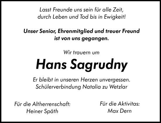Traueranzeige von Hans Sagrudny von Wetzlarer Neue Zeitung