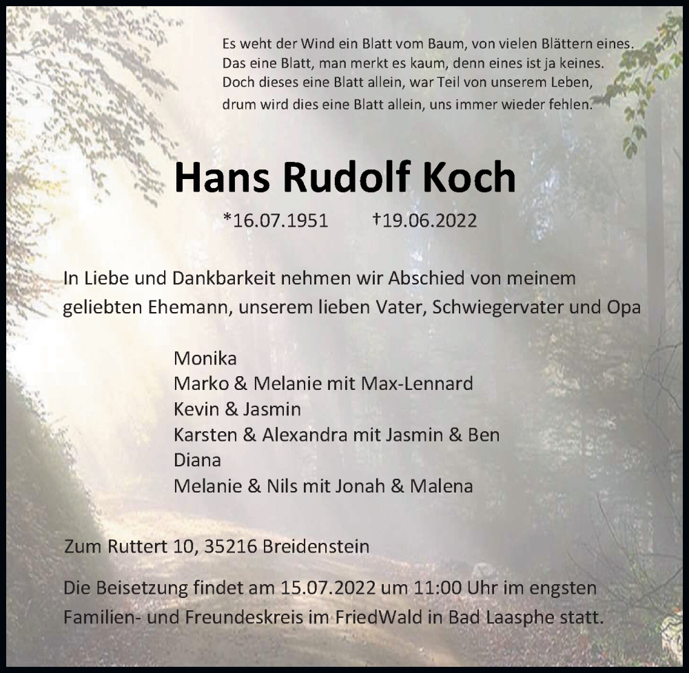  Traueranzeige für Hans Rudolf Koch vom 28.06.2022 aus Hinterländer Anzeiger
