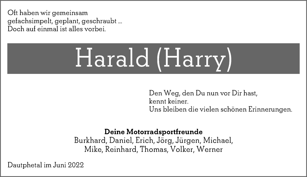 Traueranzeige für Harald  vom 23.06.2022 aus Hinterländer Anzeiger