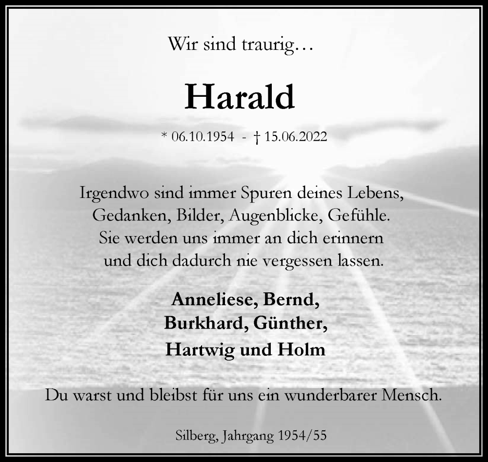  Traueranzeige für Harald Wiedemann vom 23.06.2022 aus Hinterländer Anzeiger