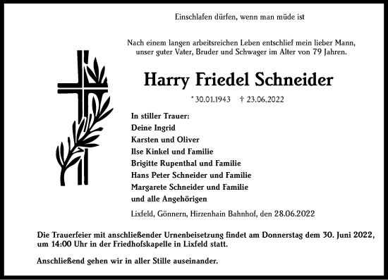Traueranzeige von Harry Friedel Schneider von Hinterländer Anzeiger