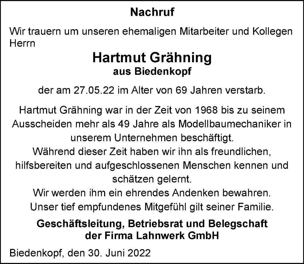  Traueranzeige für Hartmut Grähning vom 01.07.2022 aus Hinterländer Anzeiger