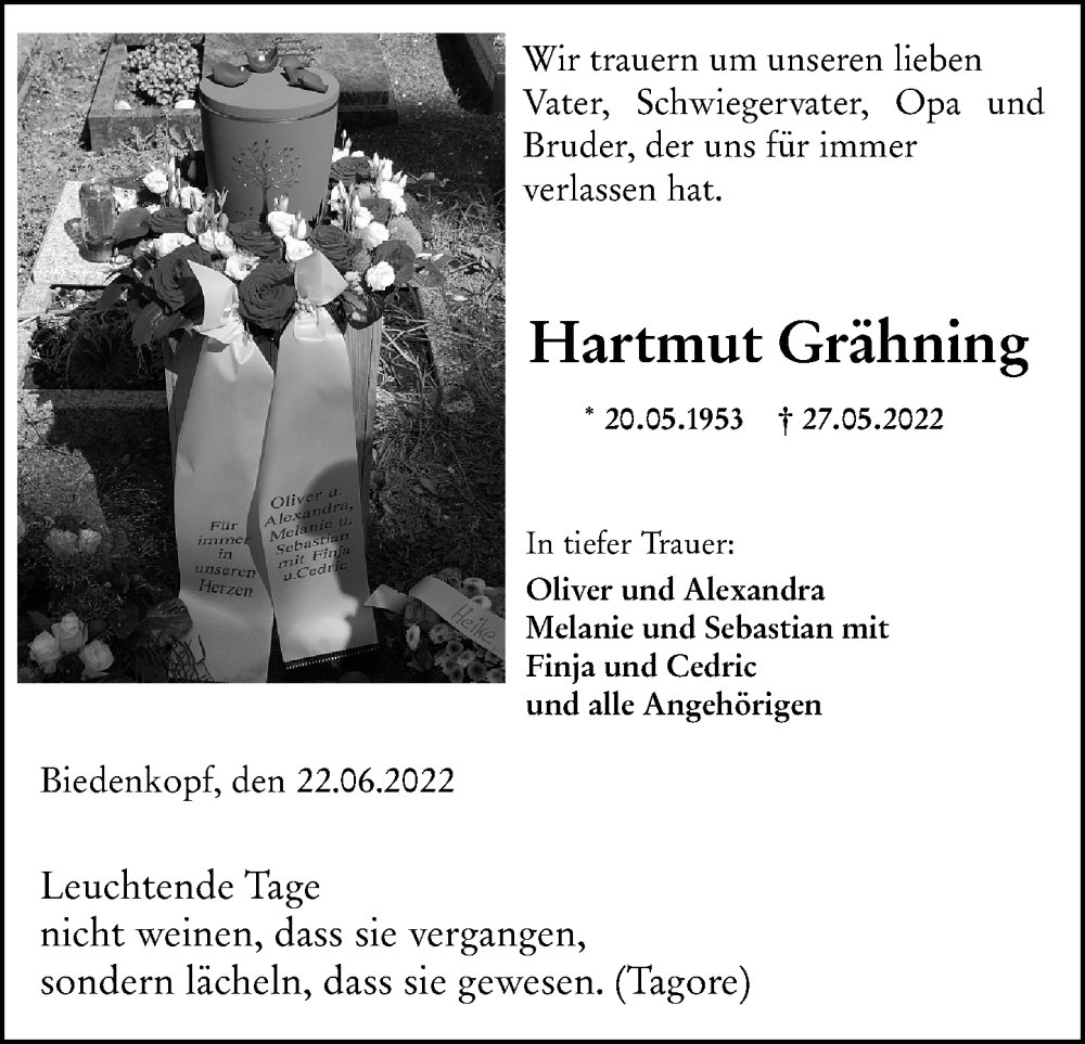  Traueranzeige für Hartmut Grähning vom 28.06.2022 aus Hinterländer Anzeiger