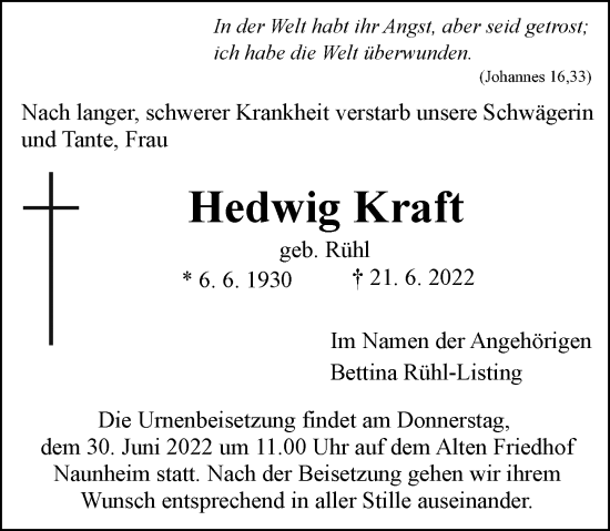 Traueranzeige von Hedwig Kraft von Wetzlarer Neue Zeitung