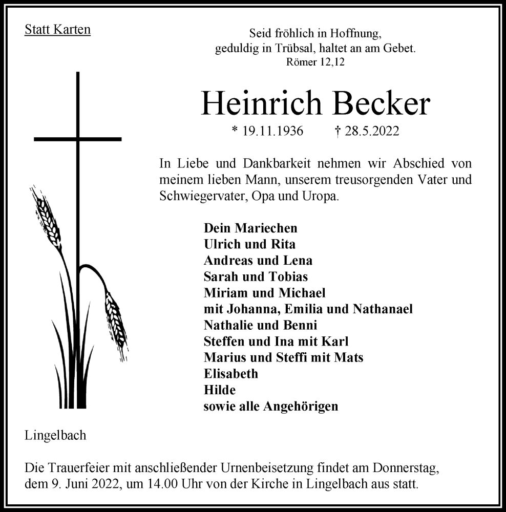  Traueranzeige für Heinrich Becker vom 04.06.2022 aus Oberhessische Zeitung
