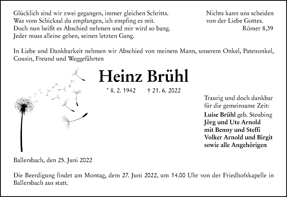  Traueranzeige für Heinz Brühl vom 25.06.2022 aus Dill Block
