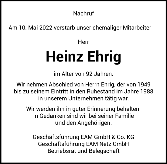 Traueranzeige von Heinz Ehrig von Wetzlarer Neue Zeitung