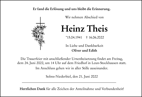 Traueranzeige von Heinz Theis von Wetzlarer Neue Zeitung
