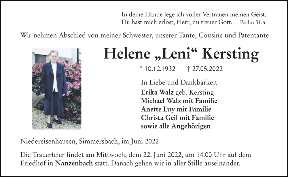  Traueranzeige für Helene Kersting vom 20.06.2022 aus Dill Block