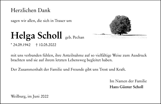 Traueranzeige von Helga Scholl von Weilburger Tageblatt