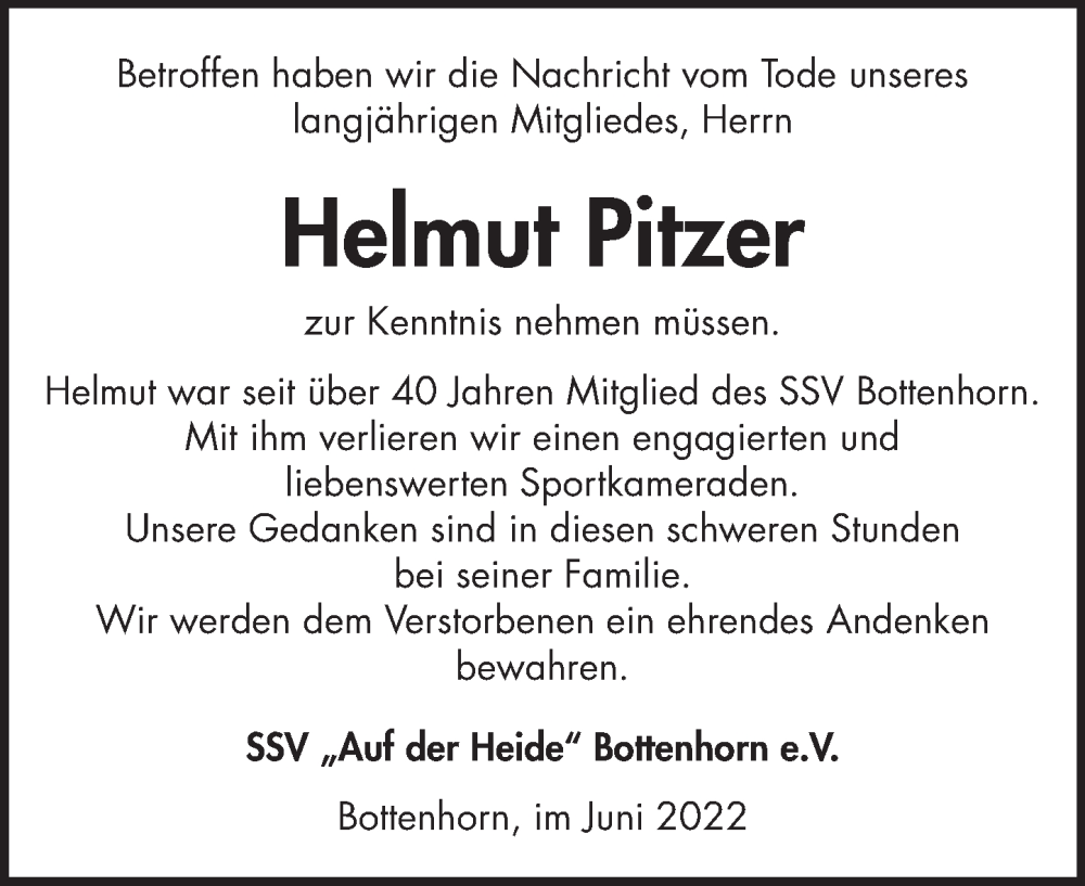  Traueranzeige für Helmut Pitzer vom 22.06.2022 aus Hinterländer Anzeiger