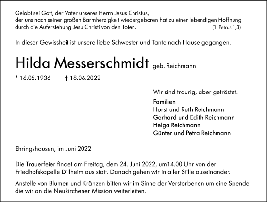 Traueranzeige von Hilda Messerschmidt von Wetzlarer Neue Zeitung