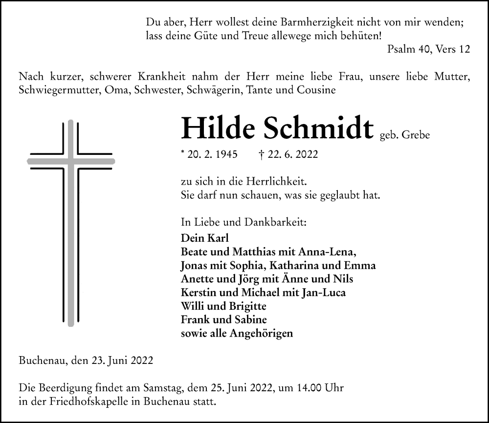  Traueranzeige für Hilde Schmidt vom 23.06.2022 aus Hinterländer Anzeiger
