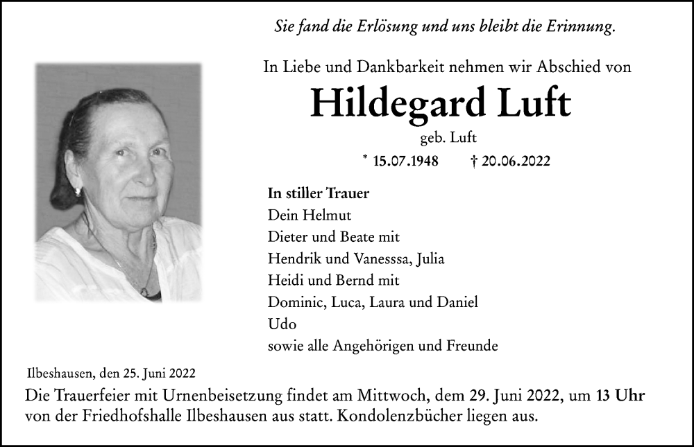  Traueranzeige für Hildegard Luft vom 25.06.2022 aus Lauterbacher Anzeiger