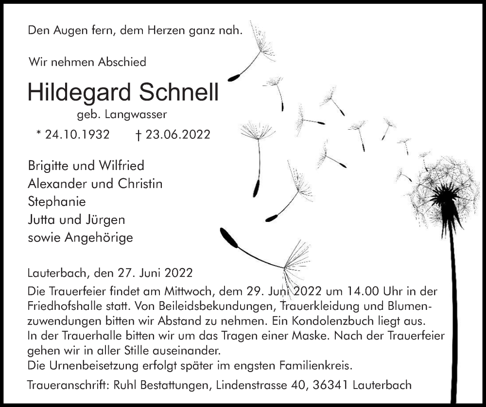  Traueranzeige für Hildegard Schnell vom 27.06.2022 aus Lauterbacher Anzeiger