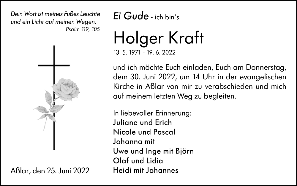  Traueranzeige für Holger Kraft vom 25.06.2022 aus Wetzlarer Neue Zeitung