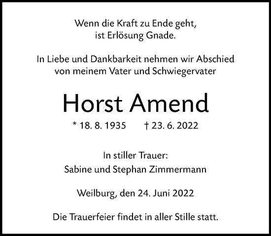 Traueranzeige von Horst Amend von Weilburger Tageblatt