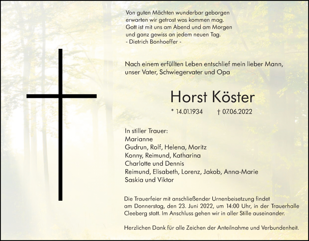  Traueranzeige für Horst Köster vom 20.06.2022 aus Wetzlarer Neue Zeitung