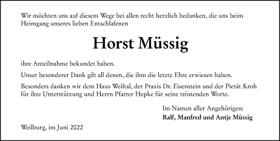 Traueranzeige von Horst Müssig von Weilburger Tageblatt